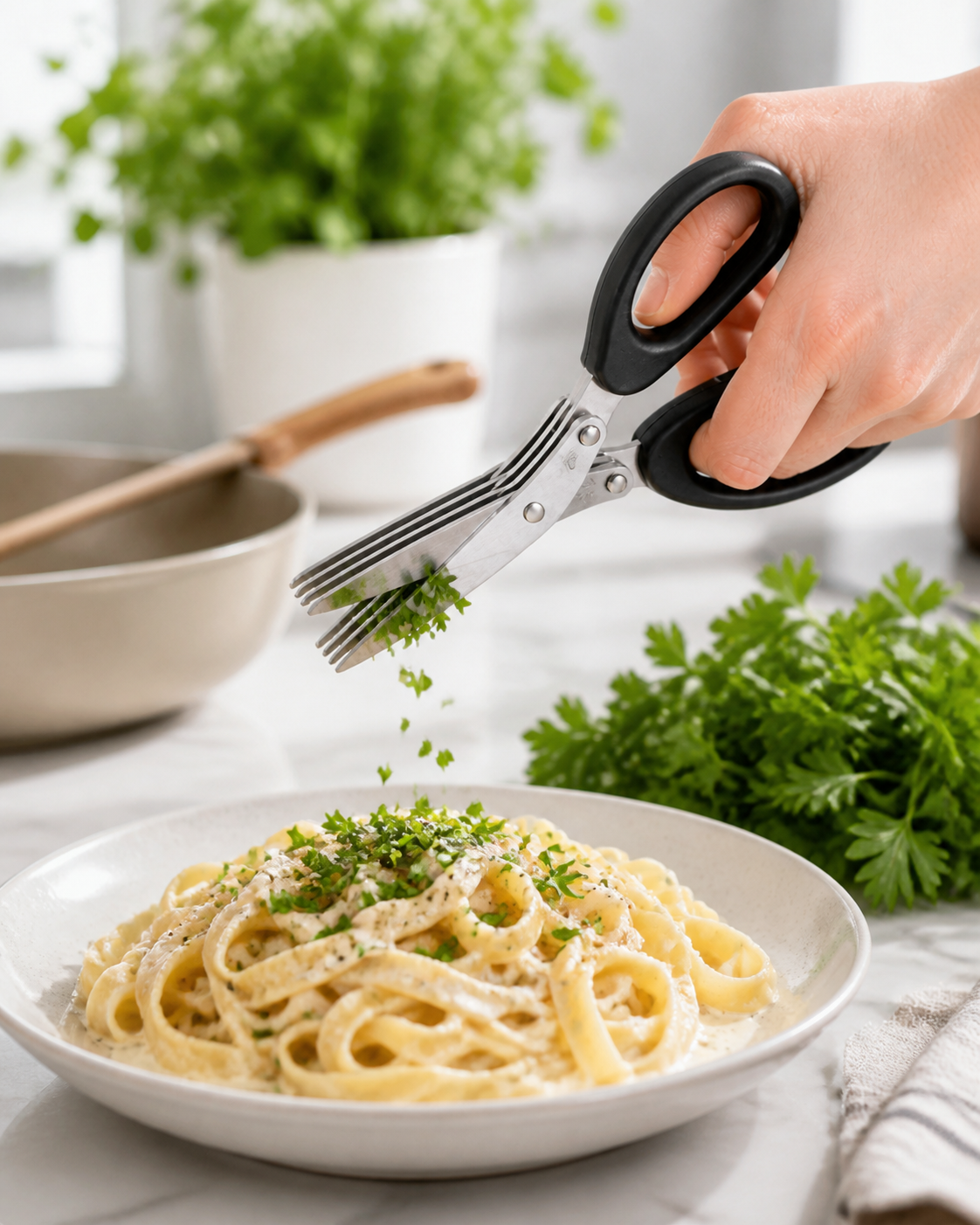 Five blade herb scissors snipping fresh herbs over pasta
