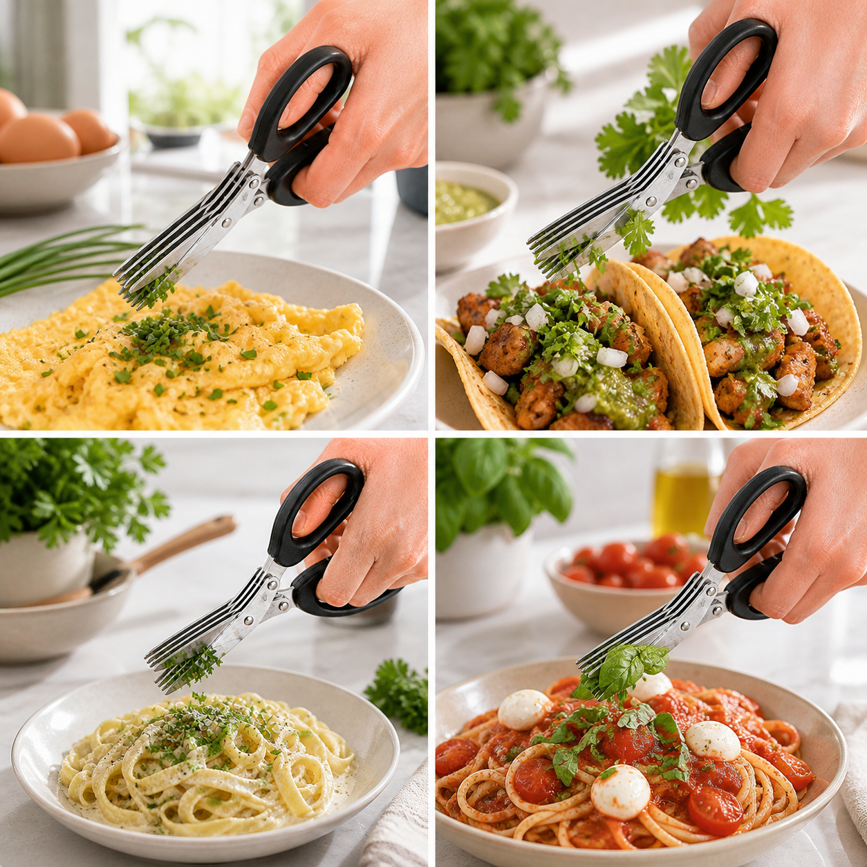 Five blade herb scissors use scenes for meals and herbs