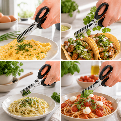Five blade herb scissors use scenes for meals and herbs