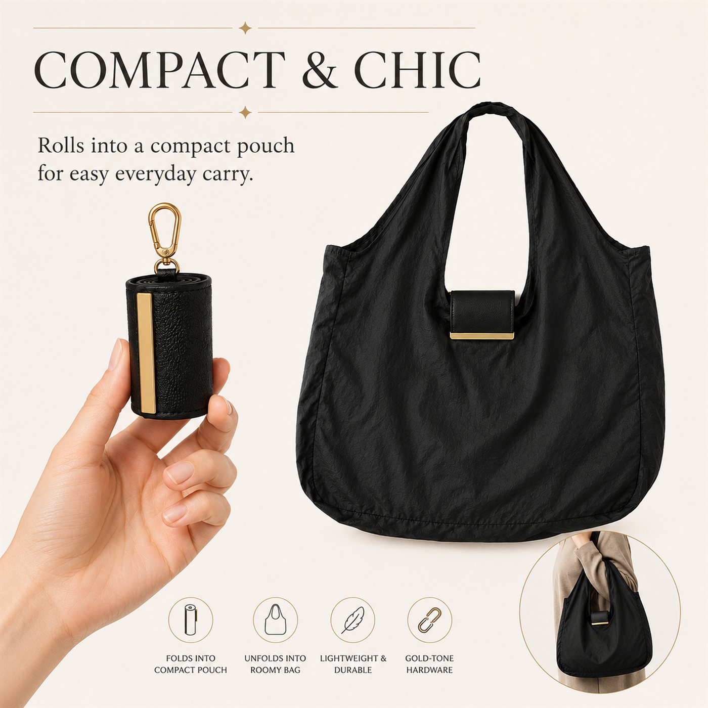 Foldable keychain tote bag carried open