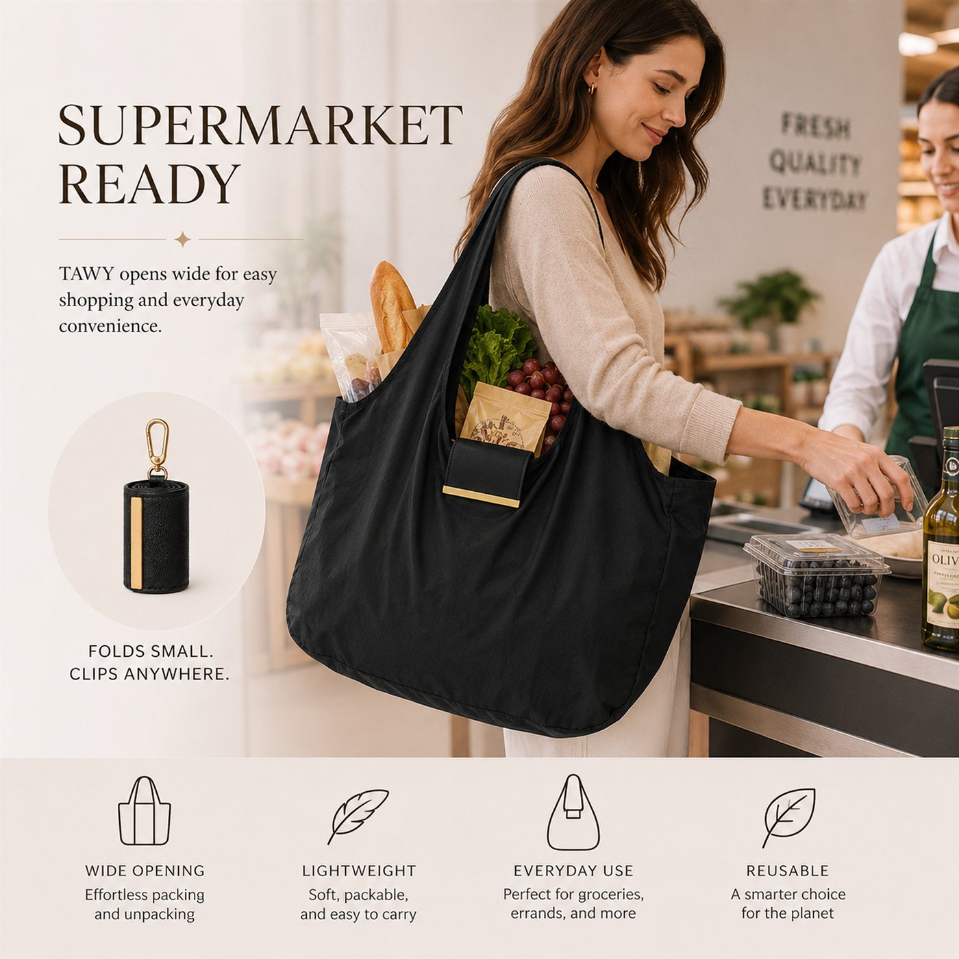Foldable keychain tote bag lifestyle use