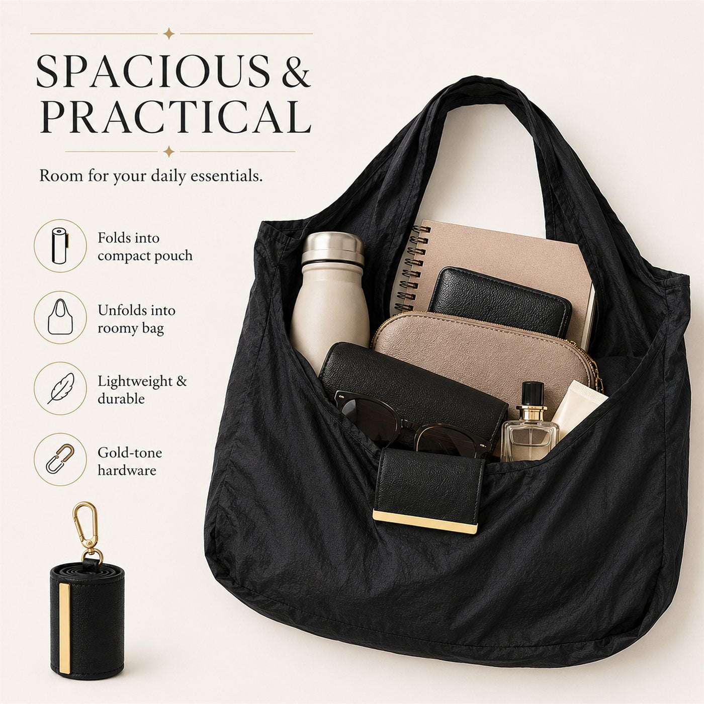 Black foldable tote bag open overhead view