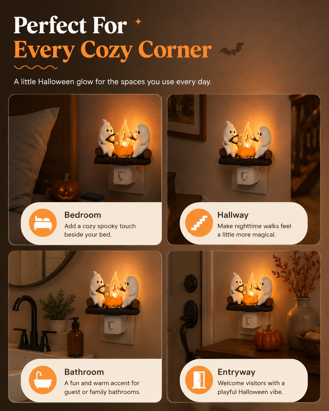 Ghost campfire night light in bedroom hallway bathroom and entryway