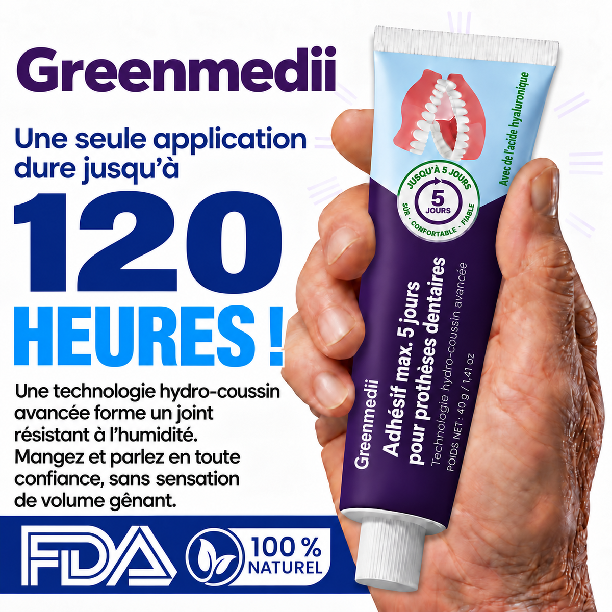 Greenmedii Bio-Seal Max – adhésif pour prothèses dentaires, image en français 2