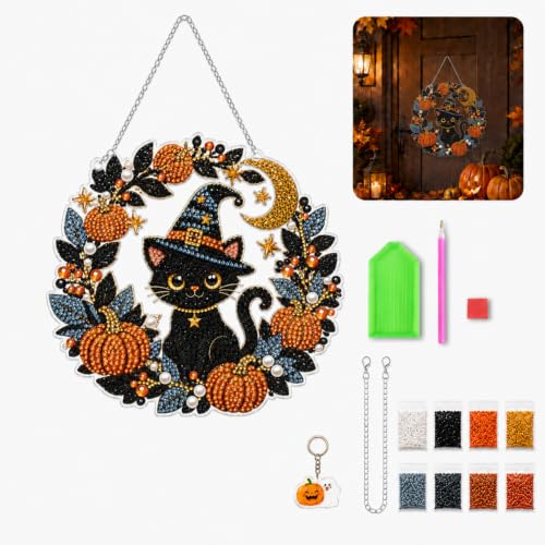 Cute Black Cat Wreath Halloween diamond art suncatcher style