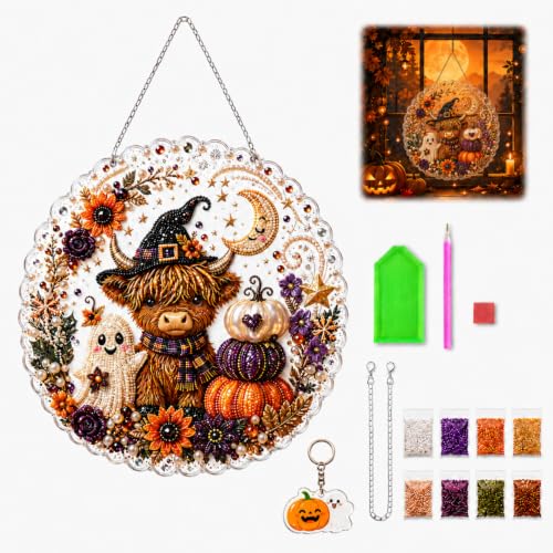 Highland Cow Halloween diamond art suncatcher style