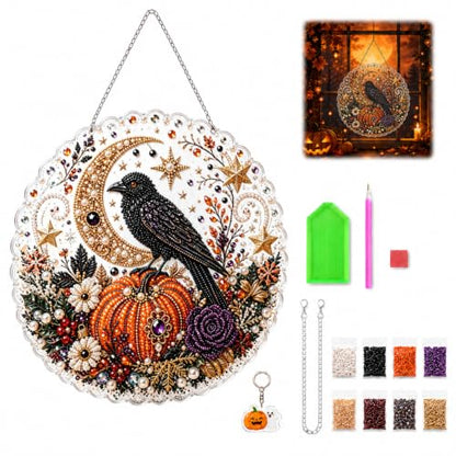 Raven Pumpkin Halloween diamond art suncatcher style