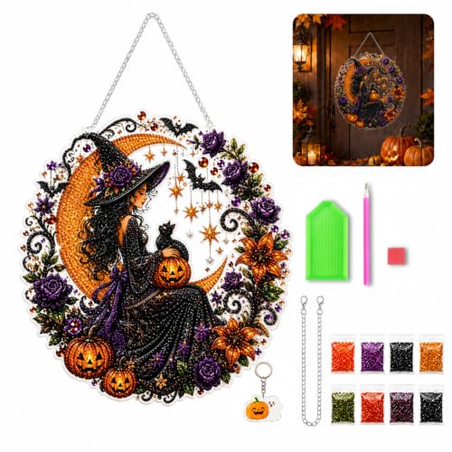 Witch Cat Moon Halloween diamond art suncatcher style