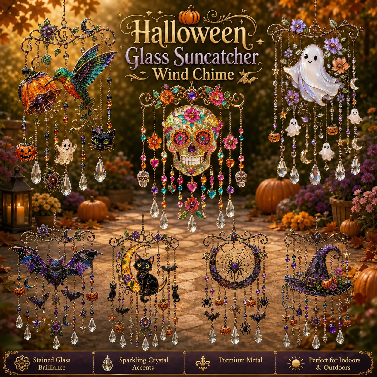 Halloween glass suncatcher wind chime complete decoration set
