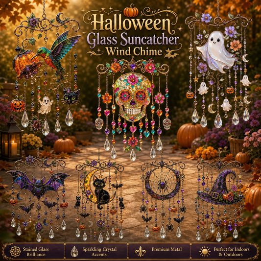 Halloween glass suncatcher wind chime complete decoration set