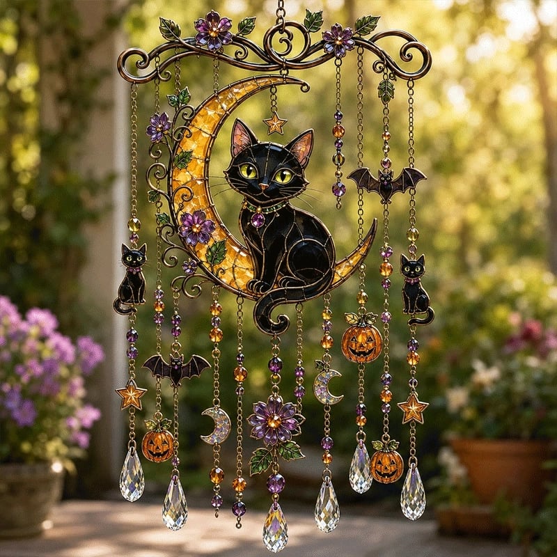 Halloween glass suncatcher wind chime black moon cat style