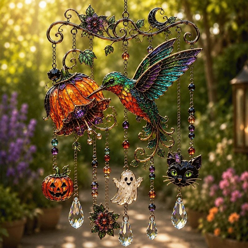 Halloween glass suncatcher wind chime colorful hummingbird style