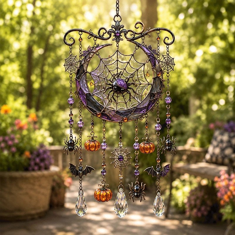 Halloween glass suncatcher wind chime spider web style