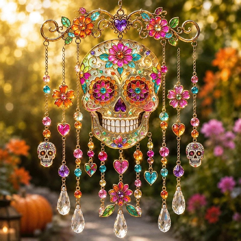 Halloween glass suncatcher wind chime sugar skull style