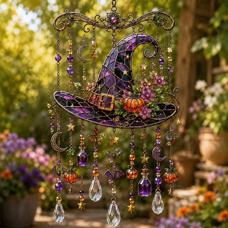 Halloween glass suncatcher wind chime witch hat style