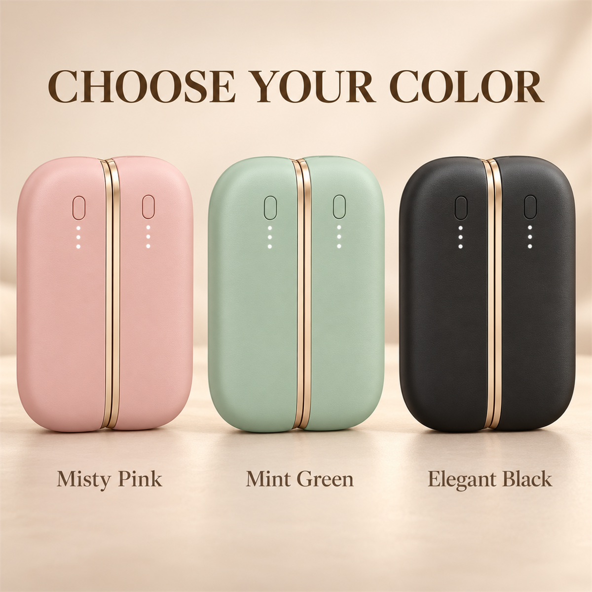 Magnetic hand warmers in misty pink mint green and elegant black