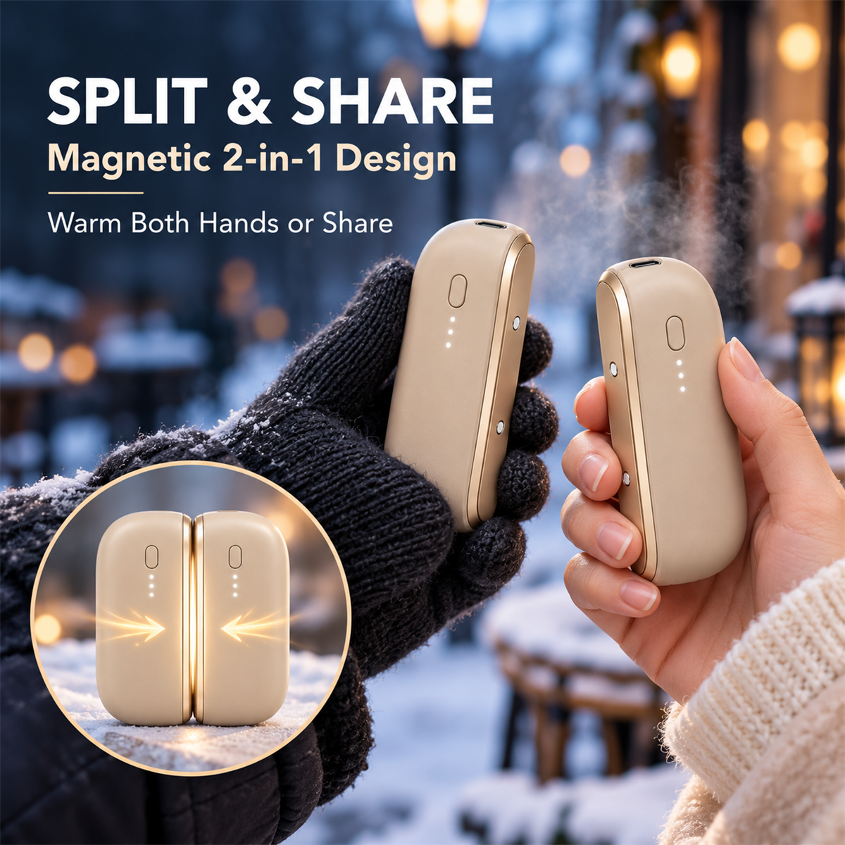 Magnetic hand warmers split apart for two hands or sharing