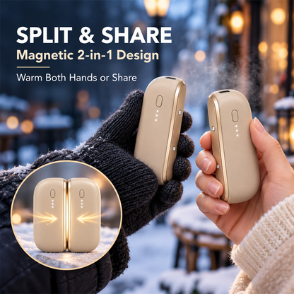 Magnetic hand warmers split apart for two hands or sharing