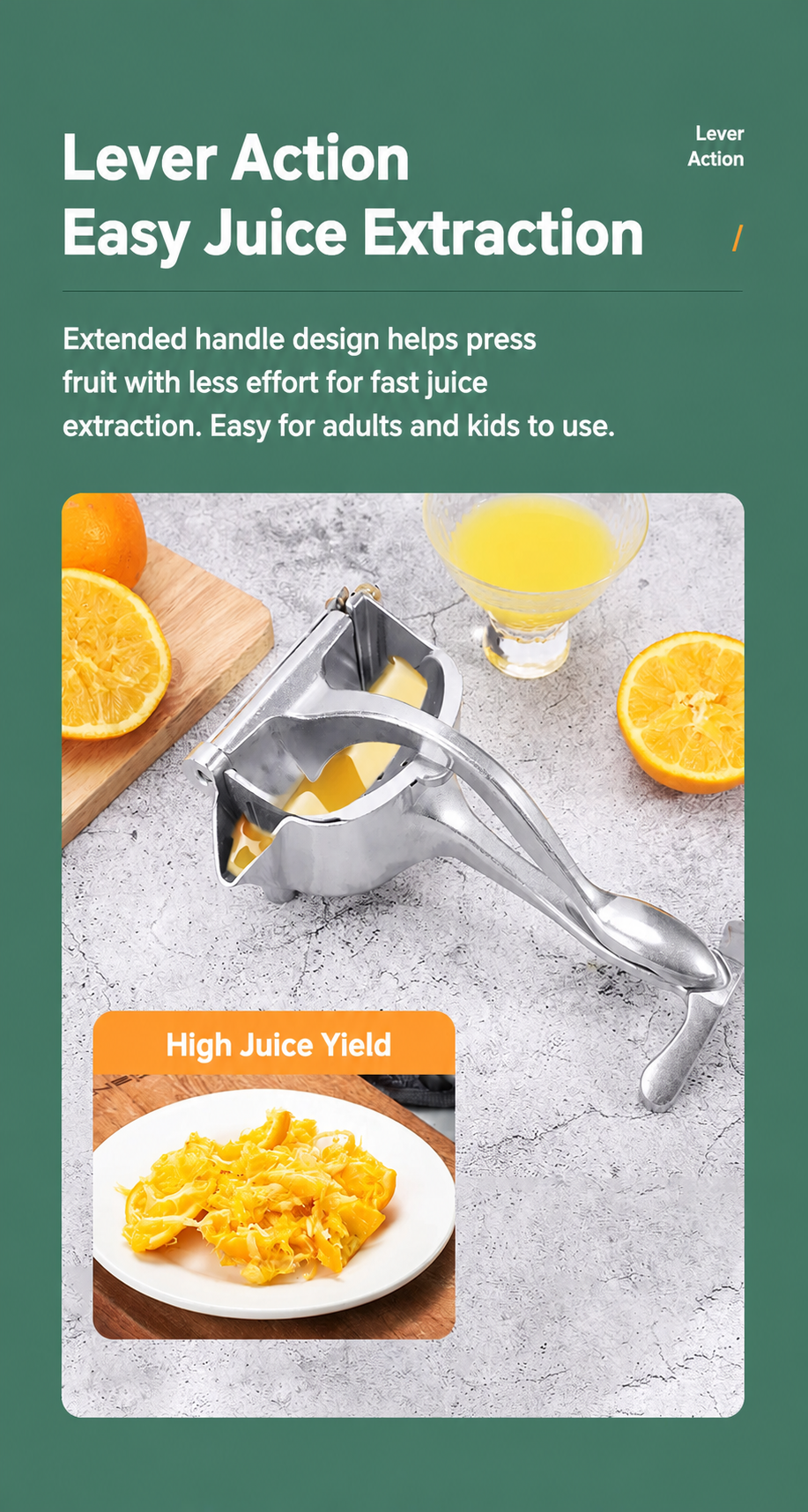 Manual citrus juicer lever action juice extraction