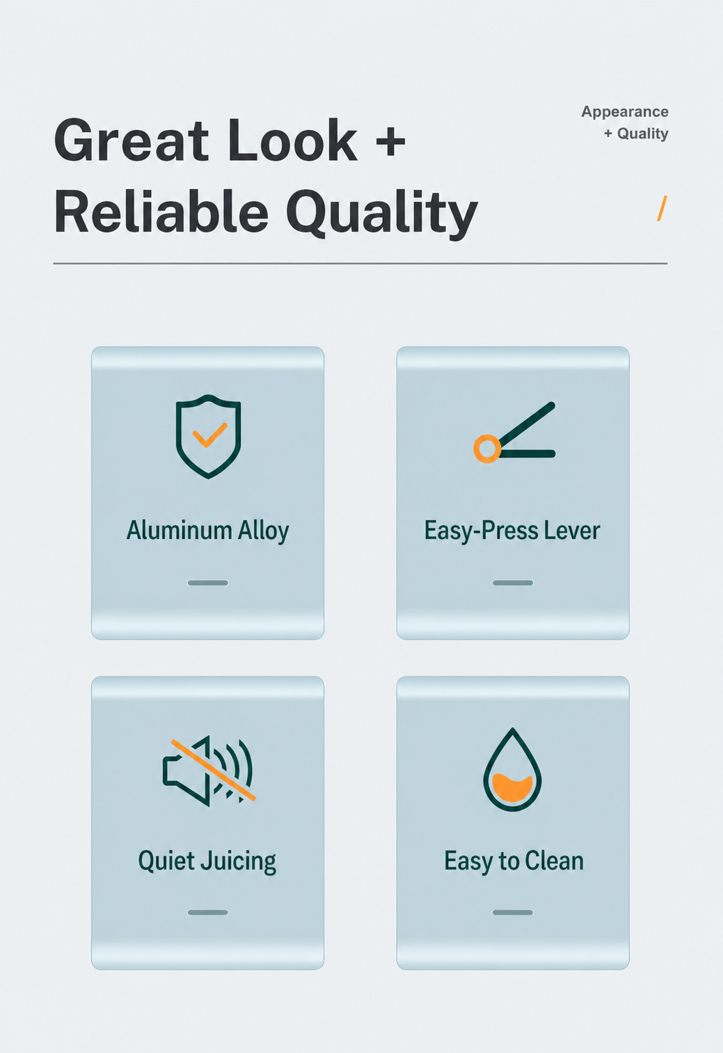 Manual citrus juicer quality feature grid