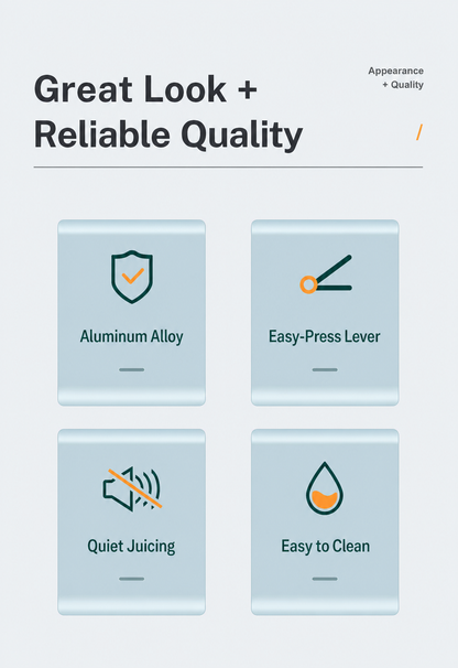 Manual citrus juicer quality feature grid