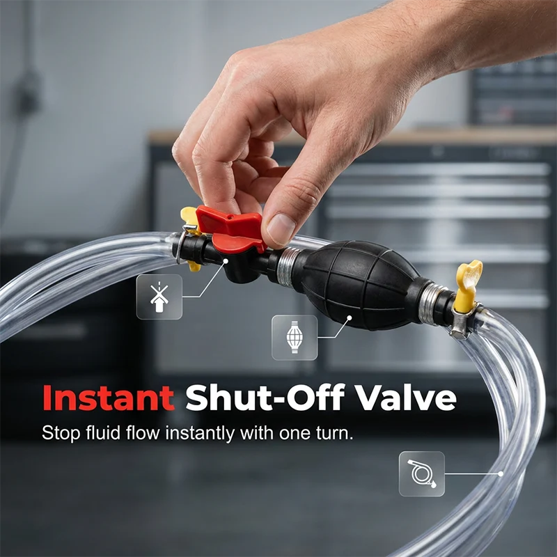 Manual siphon pump with shut-off valve and clear hose