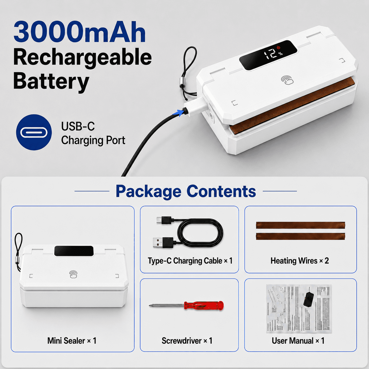3000mAh USB-C battery and included accessories