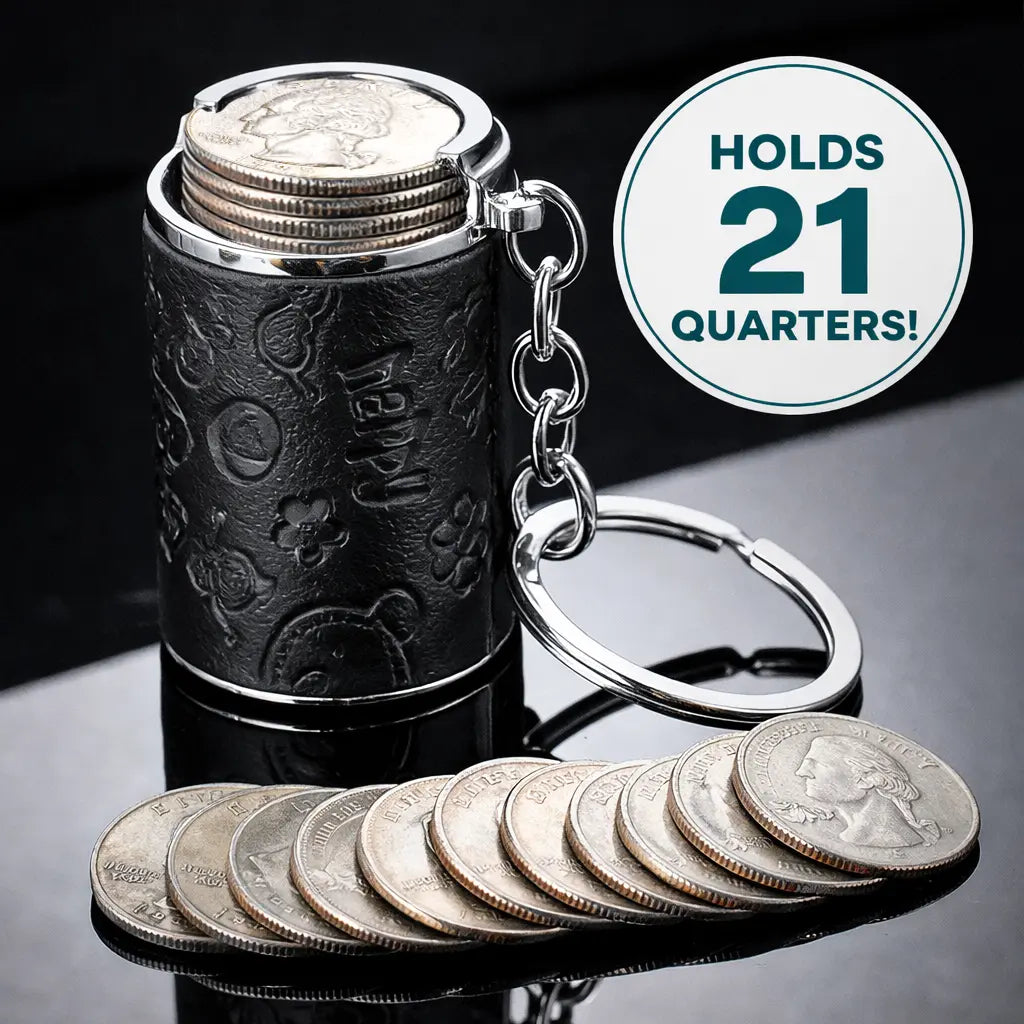 Mini coin storage keychain holds quarters