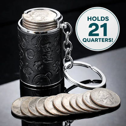 Mini coin storage keychain holds quarters