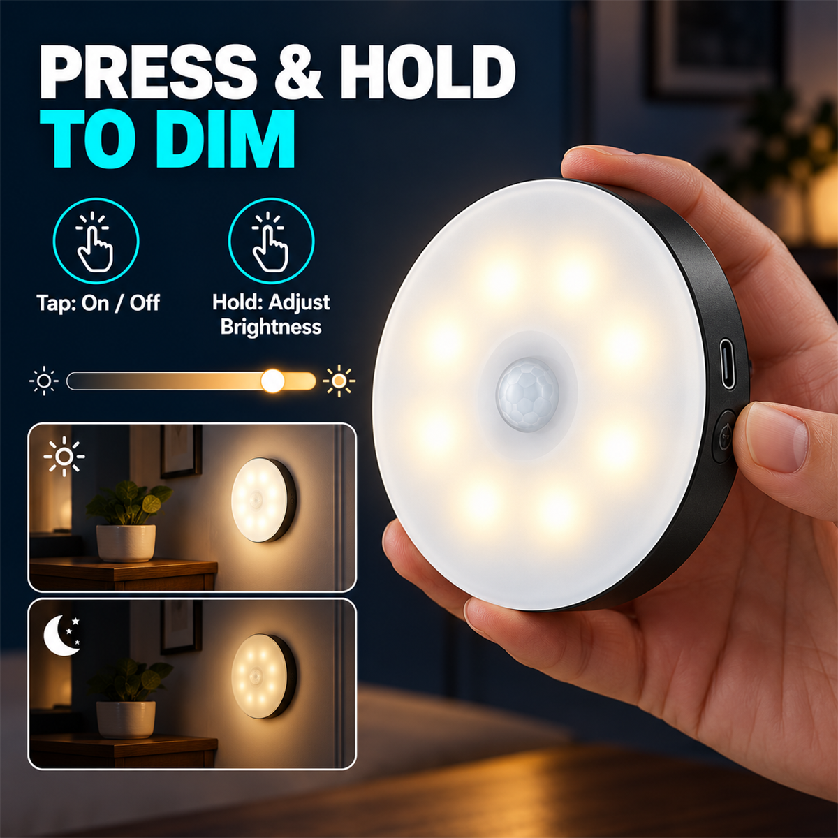 Press and hold to adjust night light brightness