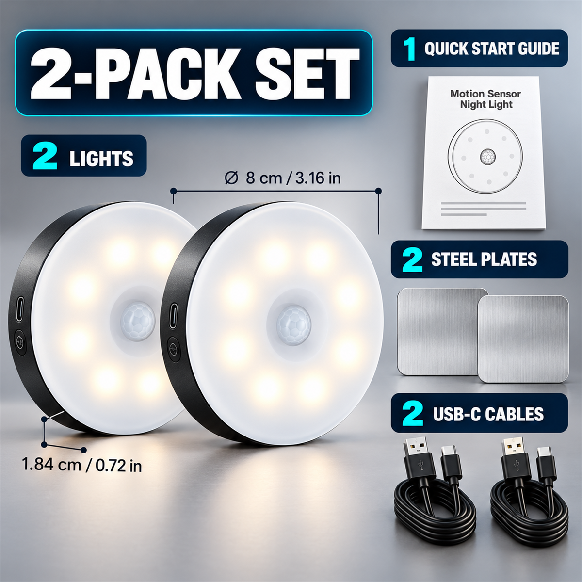 Two-pack night light dimensions and package contents
