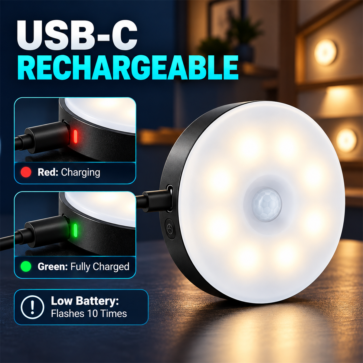 USB-C rechargeable motion sensor night light