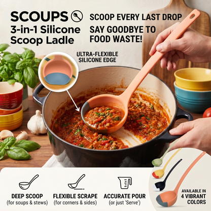 🥄 SCOUPS 3-in-1 Silicone Scoop Ladle |Scoop Every Last Drop – No More Food Waste!