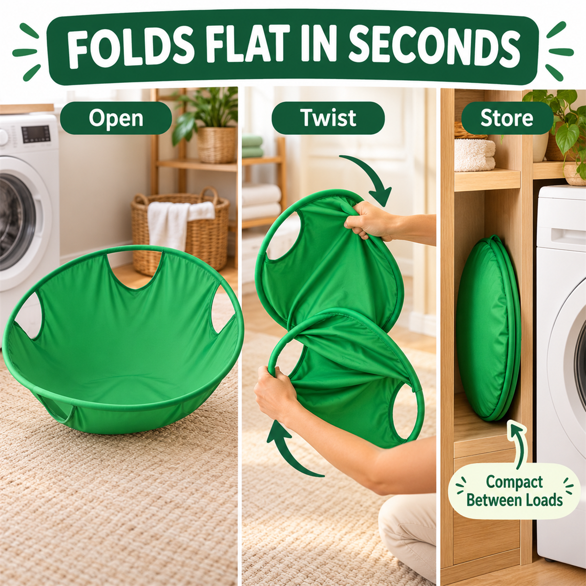 Pop-up laundry carrier folds flat for storage