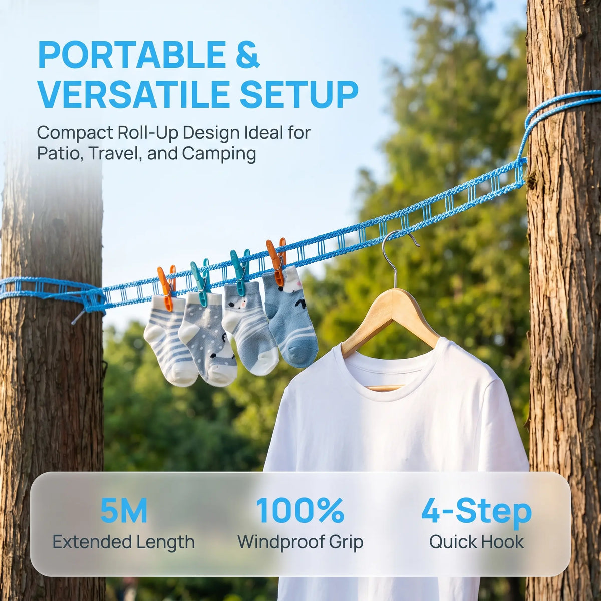 Portable clothesline installed outdoors between trees