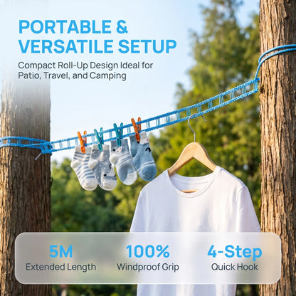 Portable clothesline installed outdoors between trees