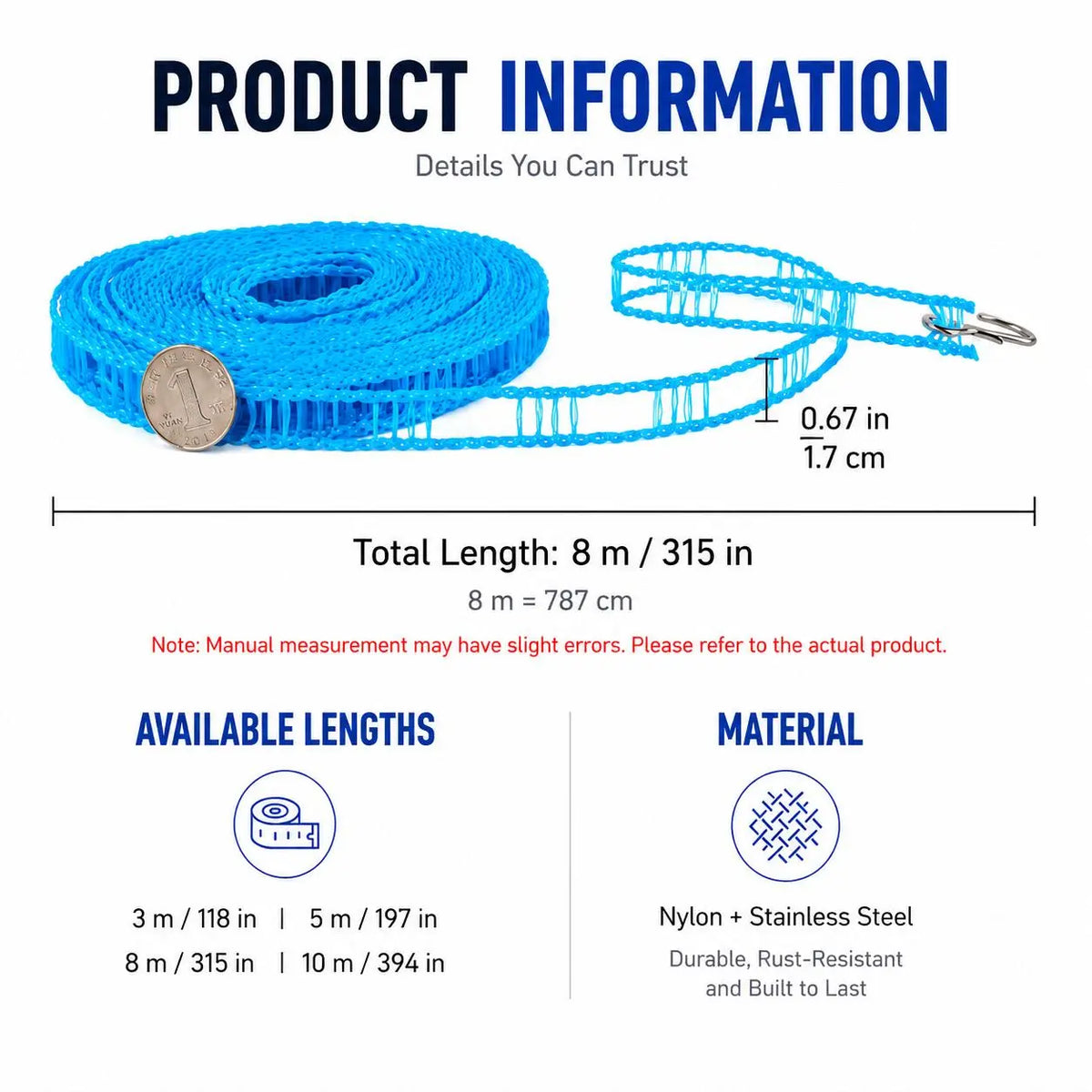 Portable clothesline dimensions and available lengths