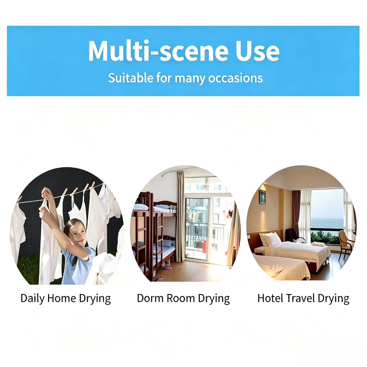 Portable clothesline for home, dorm and hotel use
