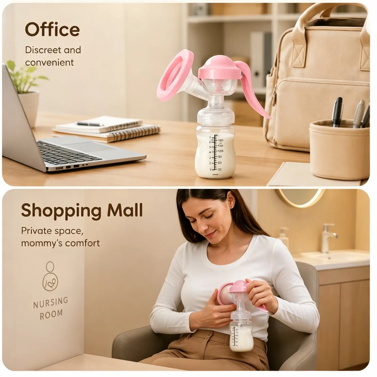Portable manual breast pump for office and travel use