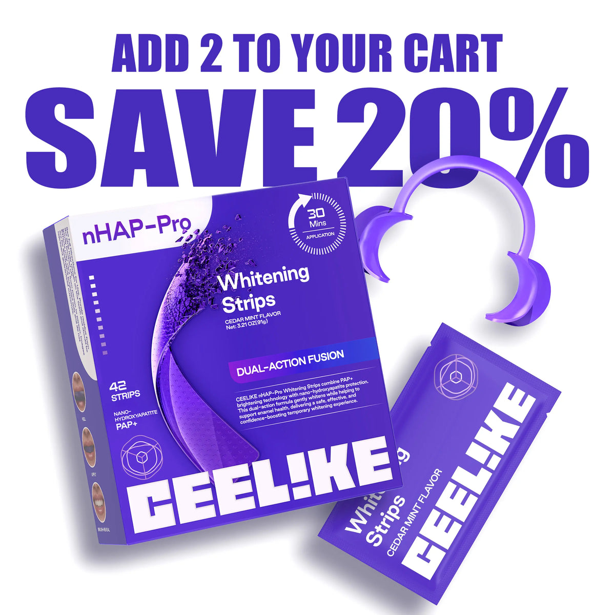 42-piece purple teeth whitening strips with cheek retractor