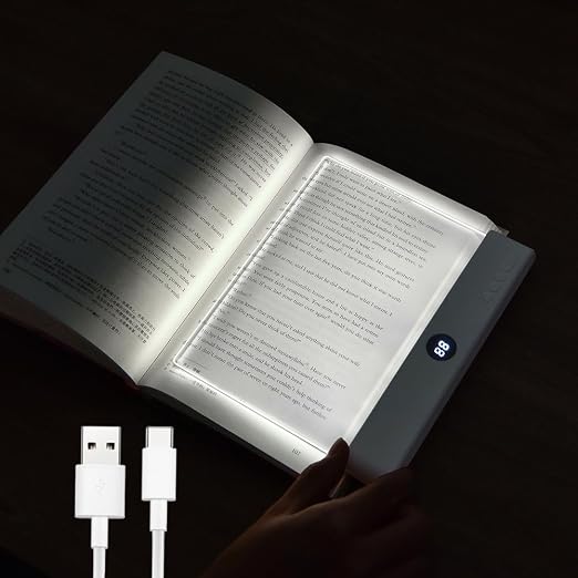 Rechargeable full-page book light illuminating an open book