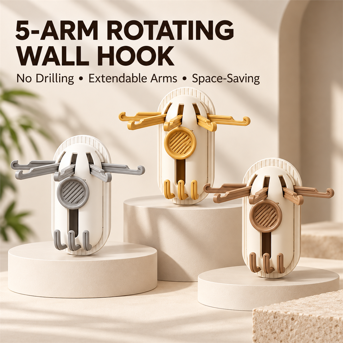 Rotating multi-arm wall hook organizer in three colors