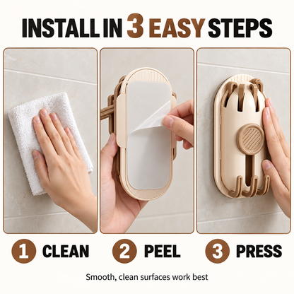 Three-step adhesive wall hook installation guide