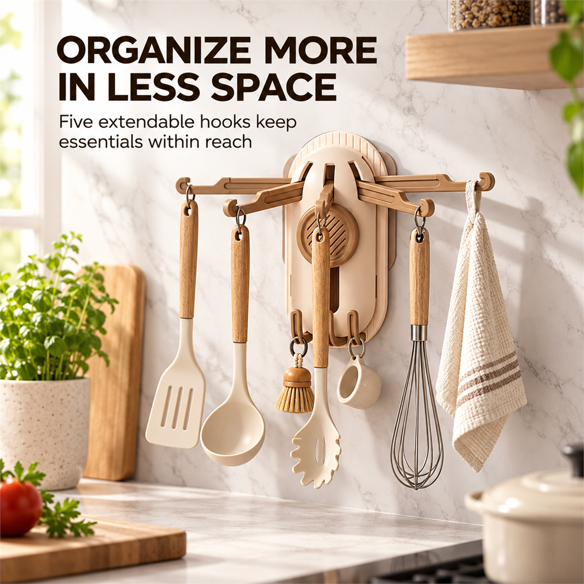 Five-arm rotating wall hook organizing kitchen utensils