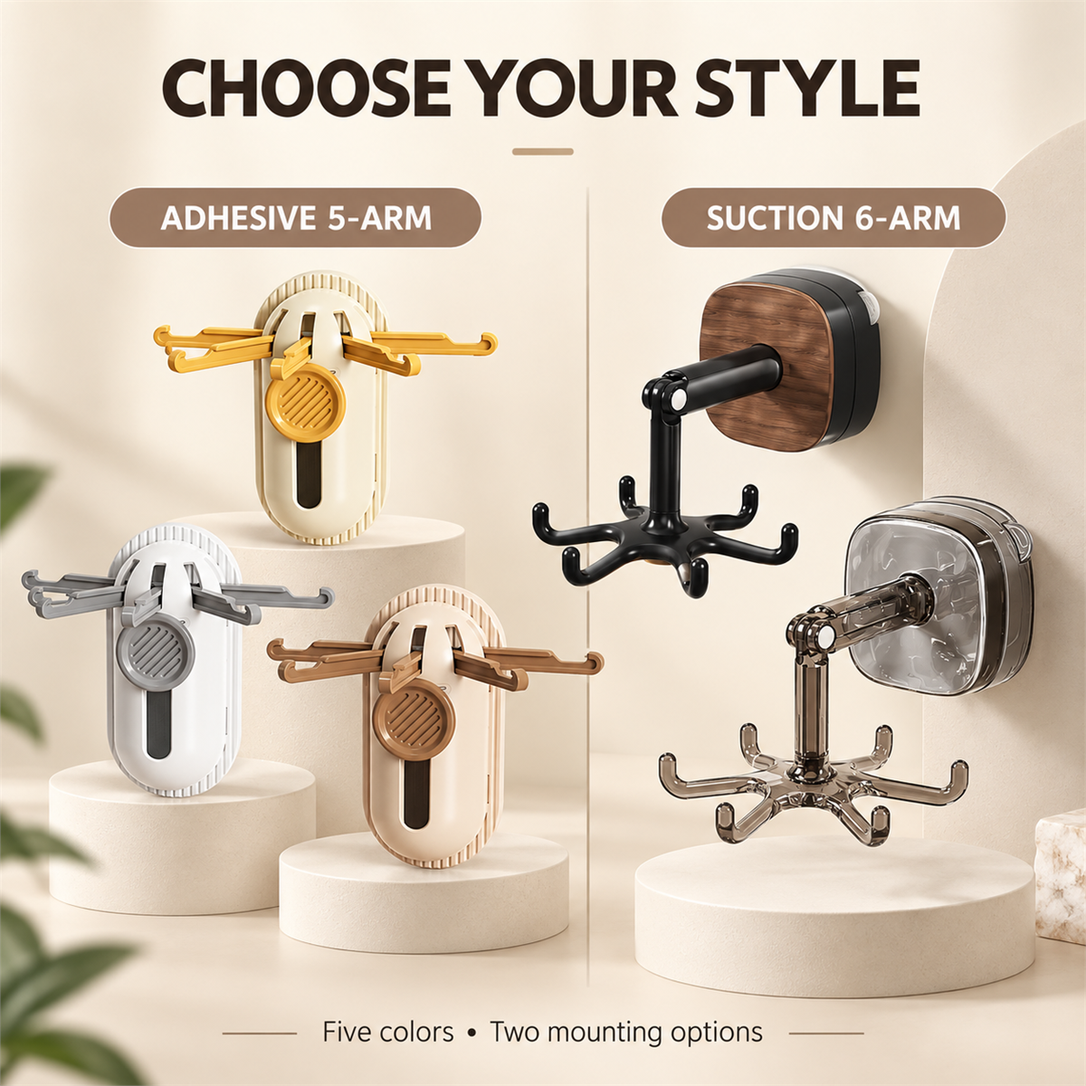Adhesive five-arm and suction six-arm wall hook styles