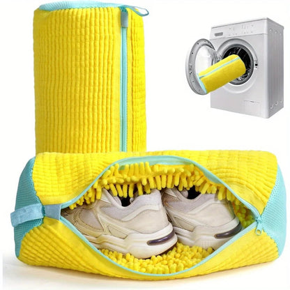 Yellow microfiber shoe washing bag for machine washing sneakers