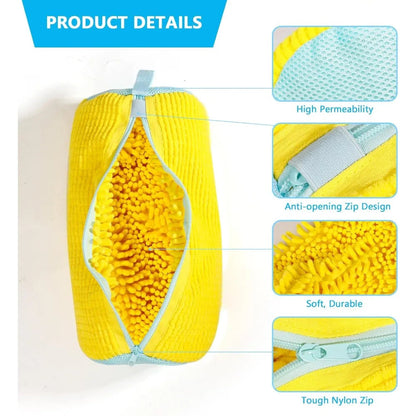 Breathable mesh zipper and soft microfiber details of the shoe washing bag