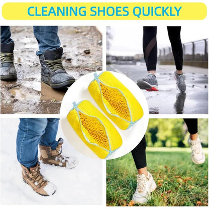 Two shoe washing bags for cleaning muddy sports and casual shoes