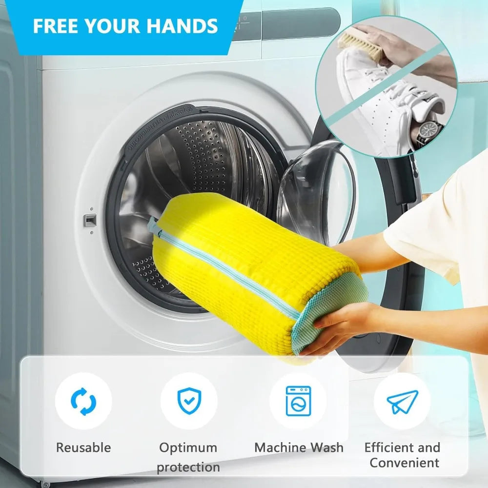 Reusable protective shoe washing bag being placed in a washing machine