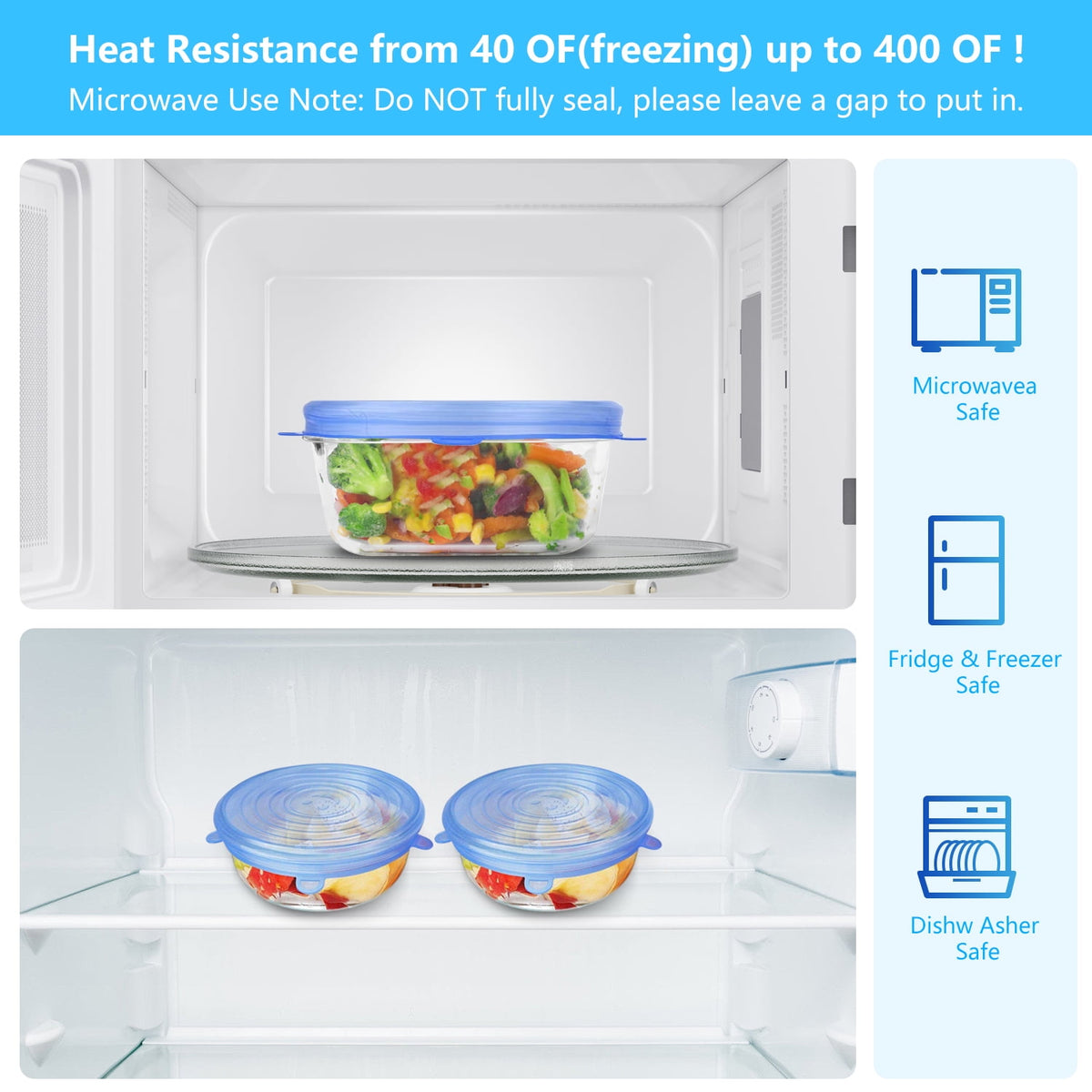 Reusable silicone stretch lids covering food containers
